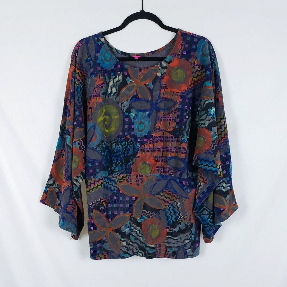 Art-to-Wear Eclectic Maximalist Lagenlook Top Womens L Dolman Floral Banded Hem